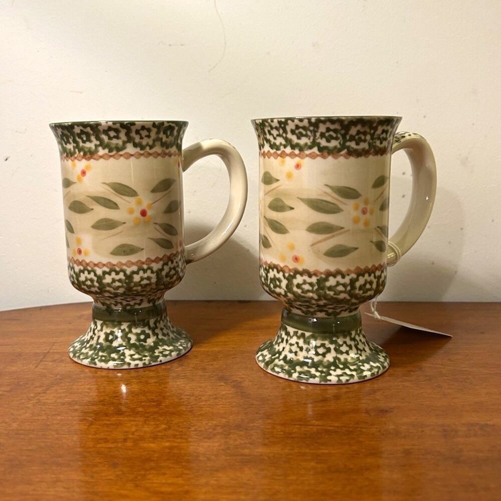Ceramic Pedestal Coffee Green and White Floral Temptations Mugs 2pc 5”